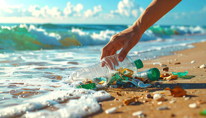 A close-up shot of a hand picking up a plastic bottle and other trash from a sandy beach with gentle waves. The image highlights the important effort of cleaning up marine pollution and promoting. 