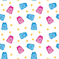 Seamless Pattern of Smiling Backpacks with Colorful Dots