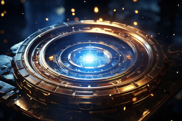 Futuristic circular technological interface with glowing blue and gold elements, high-tech interface, digital hologram, sci-fi technology, illuminated display, sci-fi background
