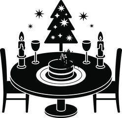 Christmas dinner table setup with candles, cake, wine glasses, festive tree, star decorations, romantic holiday meal vector illustration