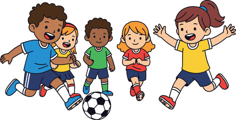 Happy diverse children playing soccer together on field, enjoying sports activity, teamwork, fitness, outdoor fun, cartoon kids illustration