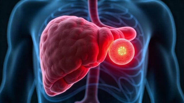 Liver cancer illustration showing tumor growth and the human body anatomy in detail