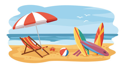 beach scene with colorful surfboards umbrella chair and seagulls