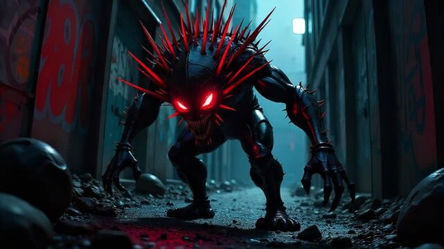 Menacing spiky creature lurking in a dark alleyway with graffiti and dim lighting