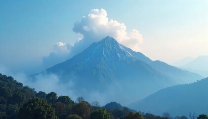 Naklejka premium Ethereal steam rises from a mountaintop, resembling fluffy white clouds, creating a mystical, otherworldly atmosphere Perfect for fantasy, nature, and environmental themes , environment, nature