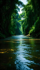 Obraz premium Lush green jungle river flowing through dense tropical forest canopy nature