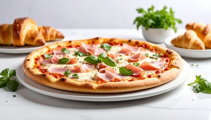 Pizza with ham and basil, served with croissants