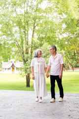 Fototapeta premium Romantic and elderly healthy lifestyle concept.Senior active asian couple holding hands looks happy in the park in the morning spring sunlight,happily retired with copy space.