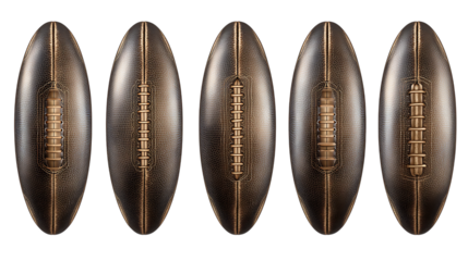 Five American footballs in a row transparent PNG isolated background