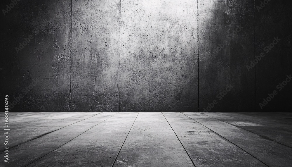 Poster the image shows a spacious room with a concrete floor and matching walls, illuminated by a single li