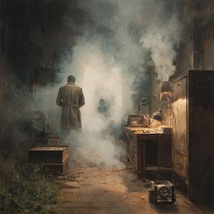 Foggy, dimly lit interior scene; lone figure in trench coat