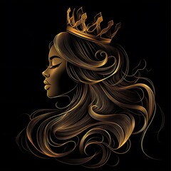 Elegant Golden Crowned Woman Profile Flowing Hair on Black head