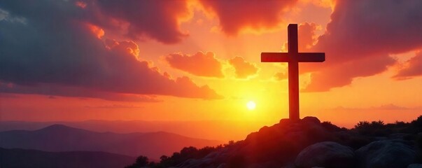 Silhouette of a cross at sunset, signifying hope, faith, and redemption in the Christian belief of salvation A powerful image of spiritual peace and the promise of eternal life , ascension, jesus