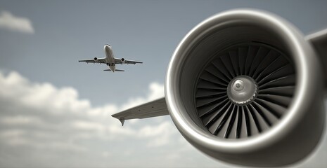 Airplane jet engine close-up, with another plane in flight above