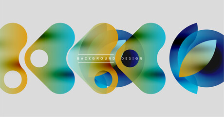 Abstract colorful shapes overlap, creating dynamic visual effect. Modern design elements suggest creativity, innovation. Background is light gray.