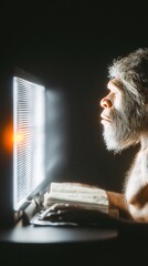 Neanderthals in modern clothes sitting at desk using futuristic AI computer blending primitive faces with advanced technology.