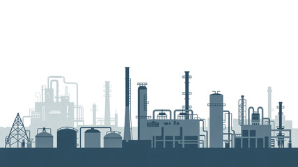 Fototapeta premium A minimalist industrial landscape illustration in grayscale. The image shows a detailed silhouette of an oil refinery and petrochemical plant against a white background