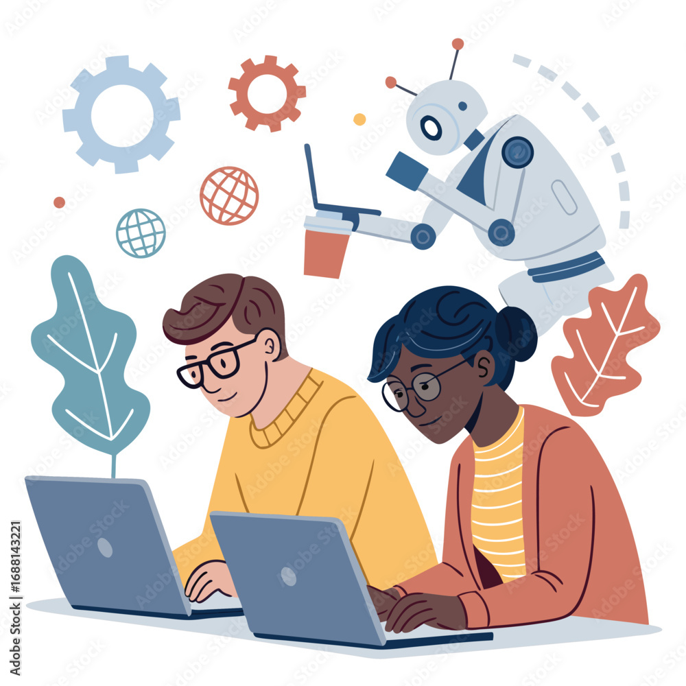 Poster vector art of teamwork in the digital age colleagues collaborate with ai on laptops, developing inno