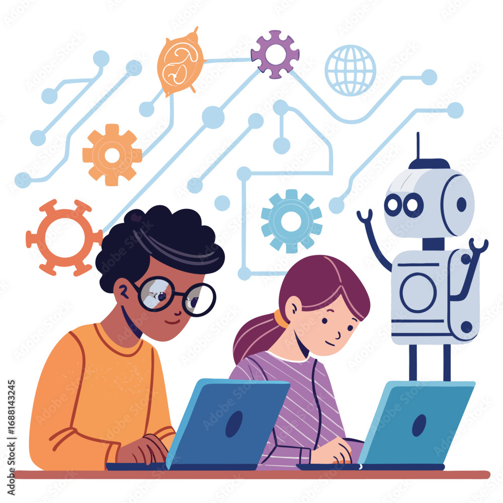 Fototapete vector art of two children are learning about artificial intelligence and robotics, working on lapto