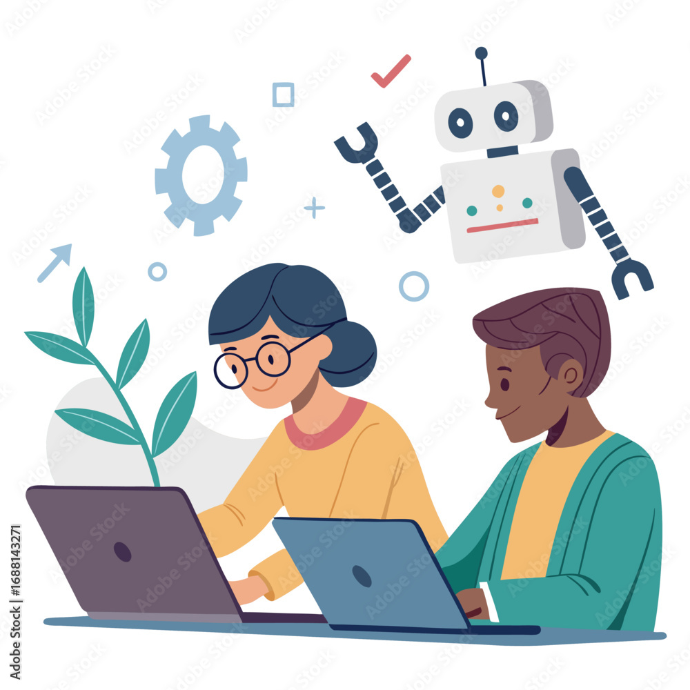 Fototapete vector art of two students are collaborating on a project involving artificial intelligence and robo