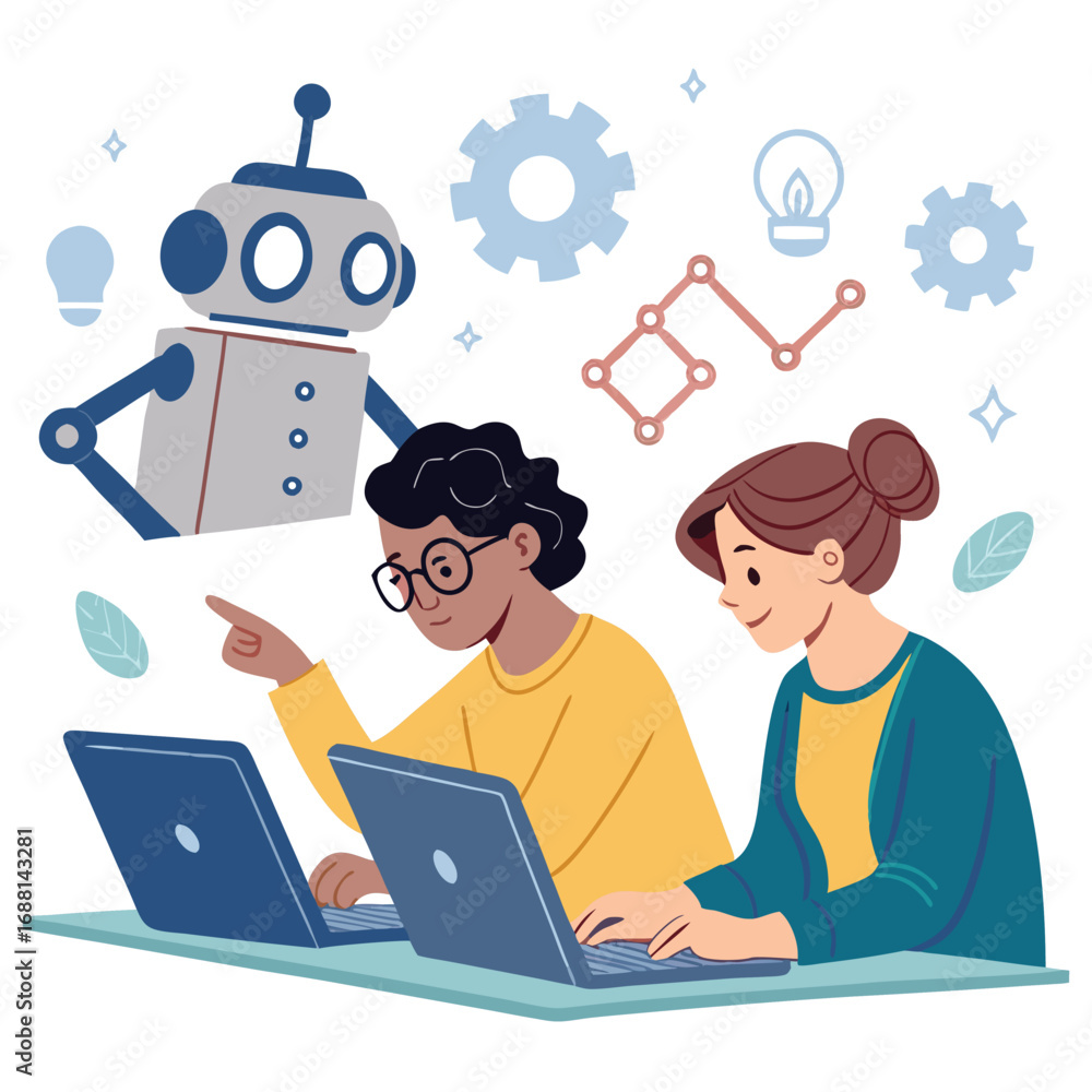 Fototapete vector art of two young engineers are working on a robotics project, using laptops with a robot assi