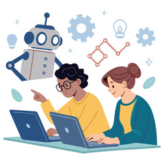 Vector art of two young engineers are working on a robotics project, using laptops with a robot assistant, showcasing innovation