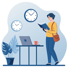 Vector art of a student is reading a book at a desk with a laptop, a cup of coffee, and two clocks on the wall, illustrating a study or work environment