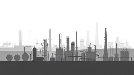 A minimalist industrial landscape illustration in grayscale. The image shows a detailed silhouette of an oil refinery and petrochemical plant against a white background