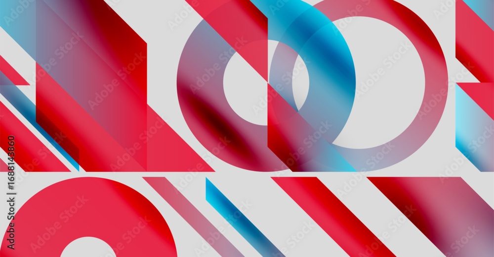 Poster abstract composition. red, white, blue shapes overlap creating dynamic visual effect. modern design,