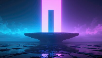 Ethereal landscape with a futuristic portal. Ideal for sci-fi, fantasy, game design, and virtual reality projects.  Minimalist, otherworldly, and trending future technology.
