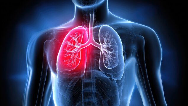 3D medical illustration of highlighted lungs within a transparent anatomical model of a human torso