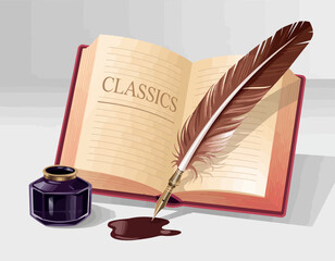 An open book titled 'Classics' with a quill and spilled ink bottle captures the essence of timeless stories that resonate with readers across generations in literary history.