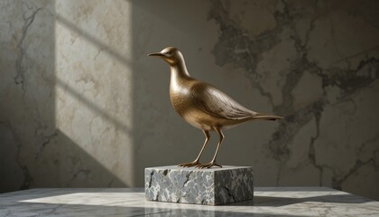 Elegant golden bird sculpture on a marble base. Perfect for minimalist home decor, branding, or social media.  Sustainable and stylish design element.