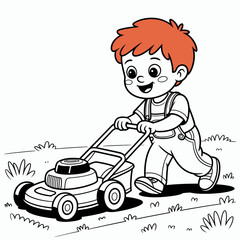 The illustration captures a cheerful child mowing grass, showcasing the joy of outdoor activities, vibrant colors, and the essence of childhood innocence and responsibility.