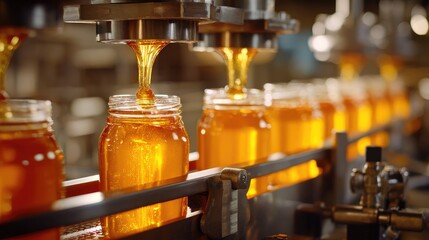 Honey pouring into glass jars on a factory production line