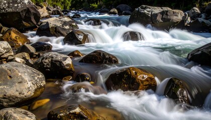 Fototapeta premium Fast-flowing river cascading over rocks
