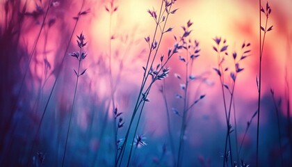 Obraz premium The image shows tall grass and wildflowers silhouetted against a vibrant sunset, displaying a range of pink, purple, and orange tones.