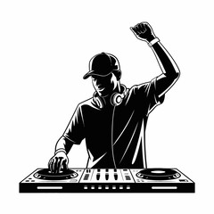 A powerful representation of a DJ passionately mixing beats at turntables, showcasing the enthusiasm and connection between the artist and the audience in an electrifying setting.