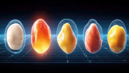 Five colorful, 3D-rendered seed-like objects in different stages of development, each within a holographic sphere, on a grid background