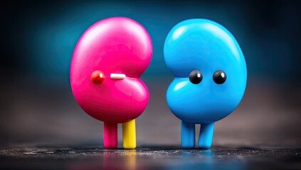 Two cartoonish, colorful kidneys stand close together