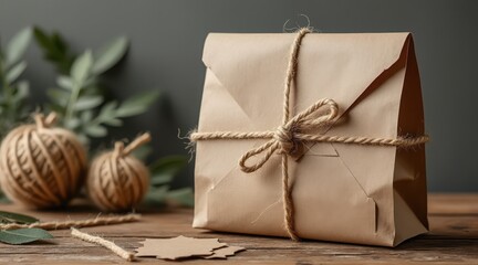 Rustic kraft paper gift box tied with twine and decorative ornaments