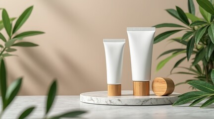 Natural skincare products with greenery and soft light