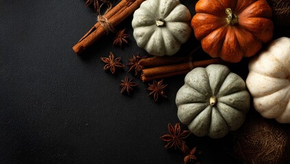 Obraz premium Autumn pumpkins and spices on dark background