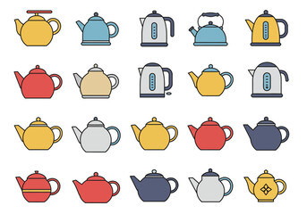 Array of 20 distinct vibrantly colored kettle icons on a white background showcasing diverse designs