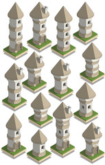 A set of medieval cylindrical houses. Isometric. Isolated on white background. Vector illustration.