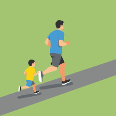 Obraz premium A man and a young boy are jogging together on a path, with a green background.