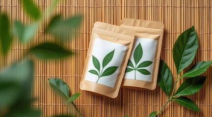Two kraft paper pouches with green leaf design on bamboo mat