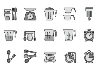 Culinary tools arranged in rows measuring cups spoons scales and timers