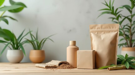 Natural skincare products and plants on a wooden surface
