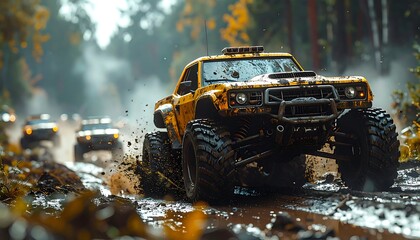 Experience thrilling off-road adventures with a rugged yellow monster truck conquering muddy terrain, perfect for automotive enthusiasts and outdoor adventure campaigns